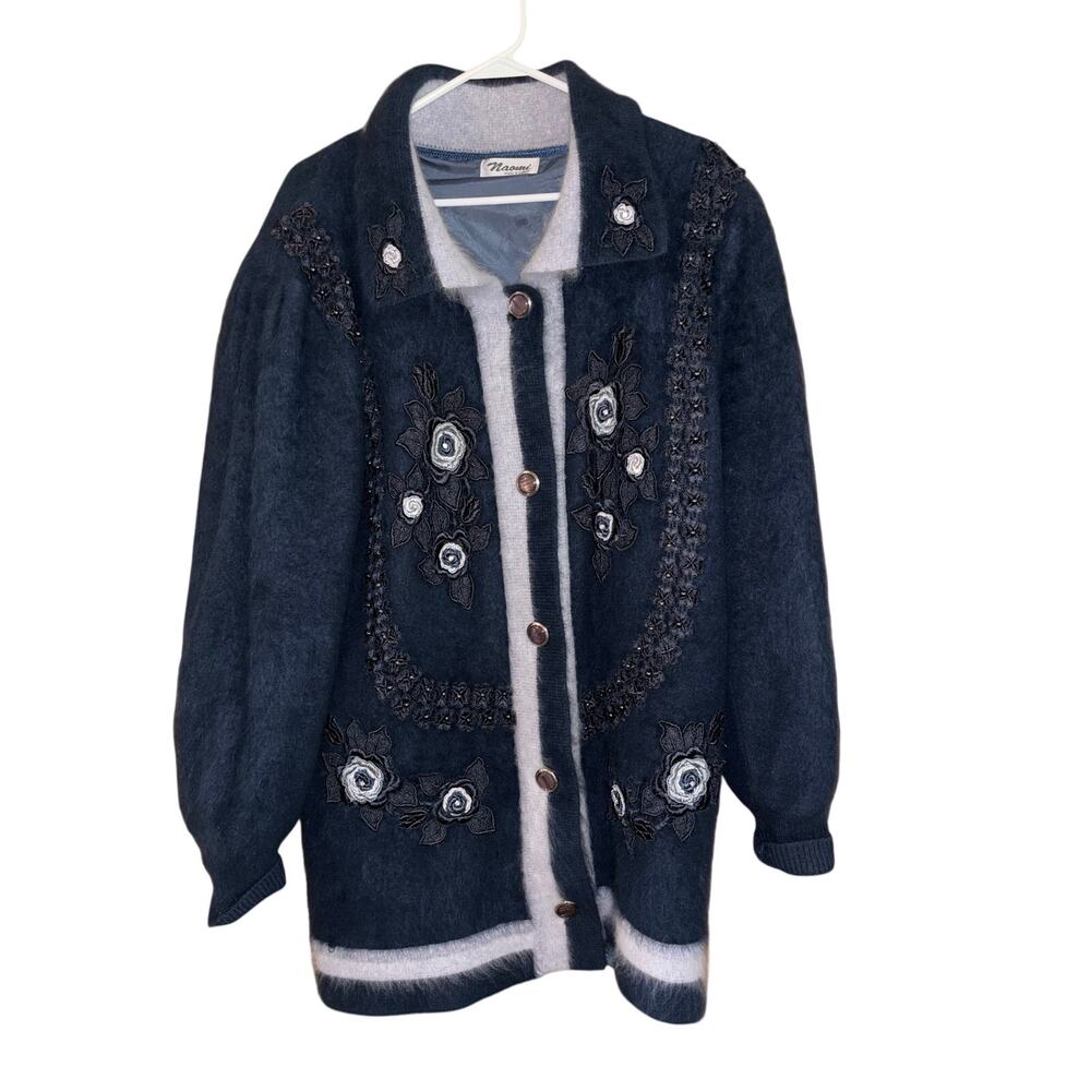 Vintage Naomi fuzzy angora-blend button-up cardigan beaded floral appliques blue